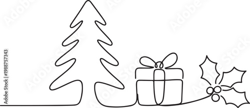 Continuous line drawing christmas tree, gift box, holly berry leaves. Concept of Christmas.one line drawing vector illustration