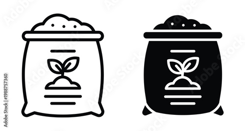 Fertilizer bag icon set showing soil sack with plant sprout symbol for gardening agriculture farming compost organic growth and nature sustainability