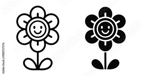 Happy flower icon set with smiley face in outline and solid black style for nature and garden design projects