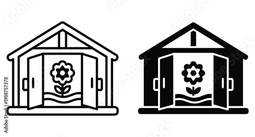Greenhouse icon set showing garden shed with open doors and growing flower inside for nursery horticulture and plant cultivation business