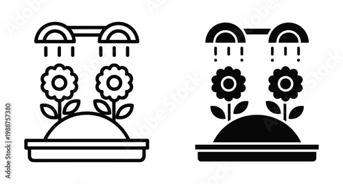 Irrigation system watering flowers in garden pot icon set with outline and solid versions for agriculture and smart farming technology