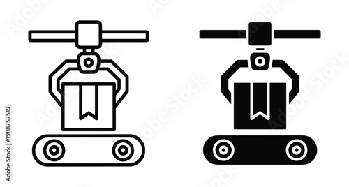 Industrial robotic arm picking up cardboard box package from conveyor belt for automated warehouse logistics and manufacturing production line process