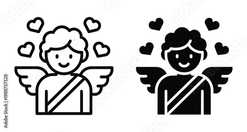 Cupid angel icon set featuring hearts and wings for Valentine's Day celebration romantic love symbol in outline and solid style