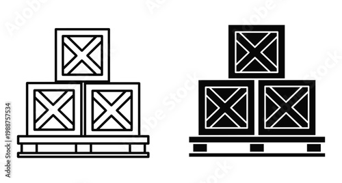 Wooden shipping crates stacked on a wooden pallet icon set featuring outline and solid black silhouette styles for logistics and transportation industry storage