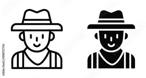 farmer gardener man wearing hat icon set in outline and solid style for agriculture farming gardening and rural worker design
