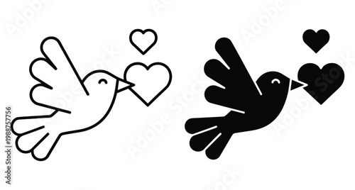 Flying bird icon set with hearts representing love peace and romance in outline and solid black silhouette styles for design
