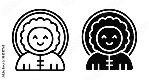 Eskimo inuit person wearing winter parka hood icon set with smiling face character for arctic cold weather travel design elements