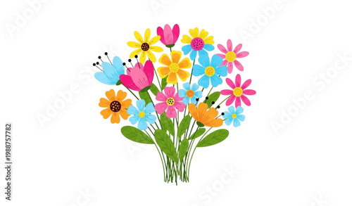 Colorful cartoon flower bouquet vector green stem cute floral design