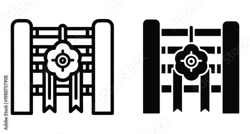 Japanese traditional fence icon set with floral crest and ribbons in outline and solid glyph styles for cultural design projects