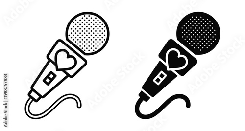 Microphone icon set with heart symbol for singing love songs podcasting karaoke radio broadcasting music performance and romantic audio recording