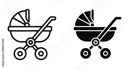 Baby stroller icon set with outline and solid black versions for infant transport nursery equipment and parenting web design elements