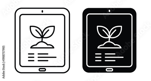 Smart farming tablet icon set showing digital agriculture plant growth monitoring mobile application interface for sustainable gardening and environmental science