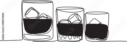 Whiskies and ice. Scotch on the rocks in glasses. Whiskey and soda. Continuous one line drawing vector illustration