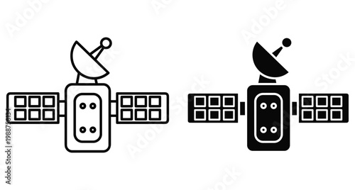 Satellite icons with solar panels and antenna dish for space communication technology orbital research global positioning system and telecommunications data transmission