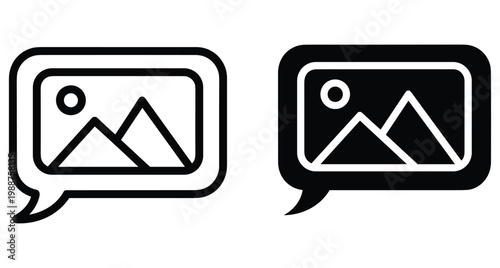 Speech bubble icons containing mountain landscape and sun symbol representing image sharing photo message digital communication social media chat interface