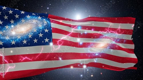 American flag waving in space with galaxies and lightning