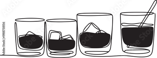 Whiskies and ice. Scotch on the rocks in glasses. Whiskey and soda. Continuous one line drawing vector illustration