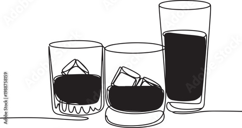 Whiskies and ice. Scotch on the rocks in glasses. Whiskey and soda. Continuous one line drawing vector illustration
