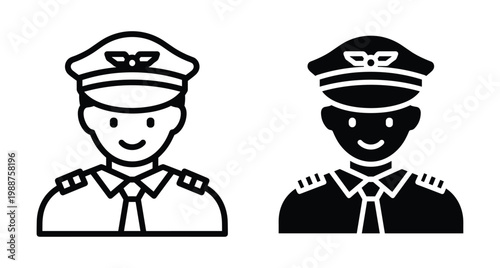 Pilot icon set featuring airline captain in uniform with hat and epaulettes for aviation travel flight and transportation industry design