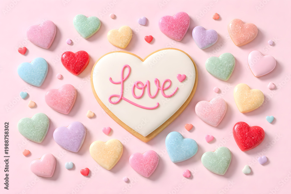 Fototapeta premium White heart cookie surrounded by colorful pastel candy hearts
