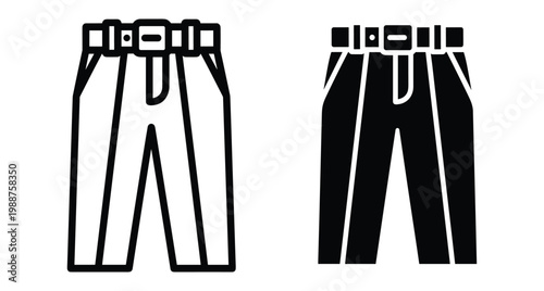 trousers pants icon set with belt buckle detail in outline and solid black glyph style for fashion apparel design web