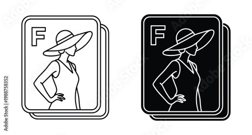 Minimalist fashion icon set featuring a woman wearing a wide brimmed sun hat and summer dress on rectangular cards