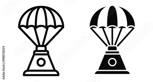 Space capsule landing with parachute icon set representing spacecraft reentry module descent for science mission exploration and atmospheric return