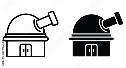 Astronomical observatory icon set featuring telescope dome building in outline and solid black glyph styles for science and space research projects