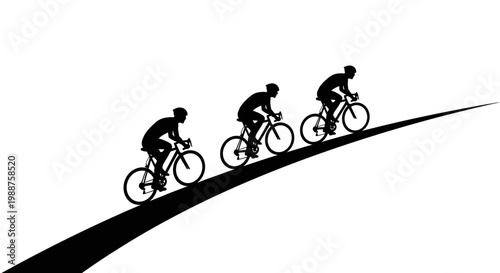 Group of Cyclists Ascending an Uphill Road, Determined Climb, Isolated White Background