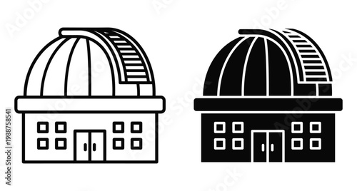 Astronomical observatory building icon set featuring dome structure for space observation science research telescope facility outline solid glyph astronomical observatory