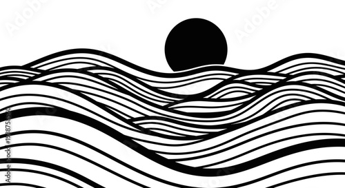 Abstract Black and White Landscape with Wavy Lines and Sun, Serene Nature Design, Isolated White Background