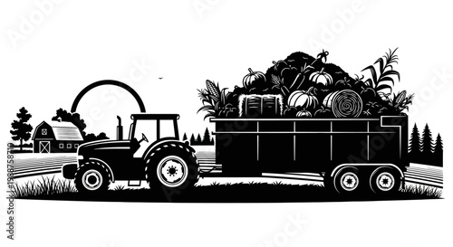 Farming tractor hauling harvested pumpkins and produce with farm buildings in a rural landscape, autumn season.