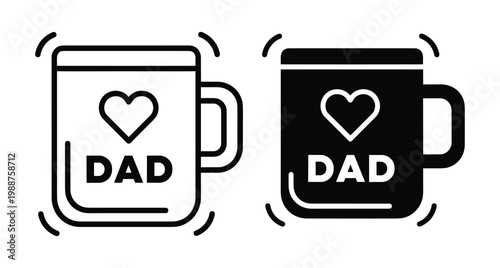 Father's Day coffee mug icon set with heart symbol and dad text in outline and solid black vector style graphic