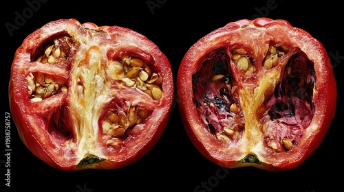Two halves of a rotten tomato showing decay and seeds.