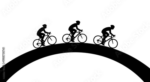 Three cyclists riding bicycles over an arch bridge silhouette, dynamic cycling race concept.