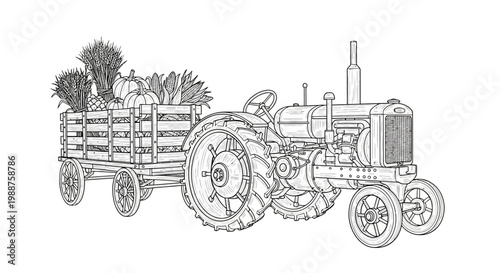 Vintage farm tractor hauling a trailer loaded with harvested pumpkins and produce, line art illustration on isolated white background.