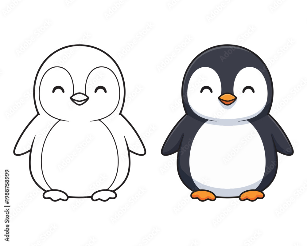 Fototapeta premium Cute cartoon penguin outline and colored version for kids coloring book.