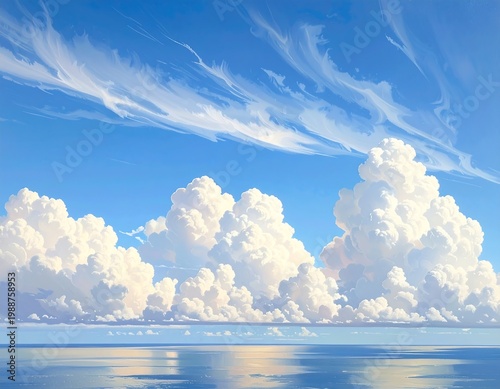 A vibrant seascape showcases fluffy white clouds against a brilliant blue sky, reflecting on the calm water below
