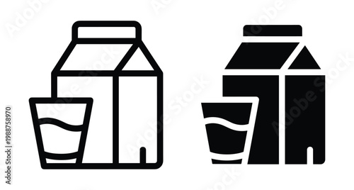 Milk carton and glass icon set with outline and solid styles for dairy product packaging and healthy breakfast beverage design