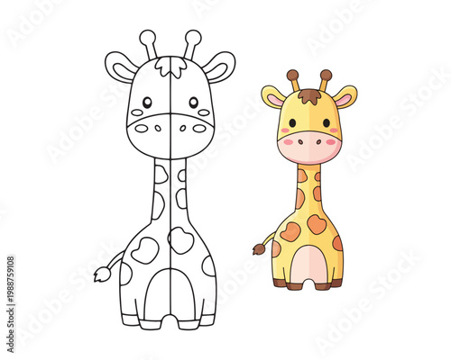 Giraffe coloring page for children book with cute tall savanna animal character outline art.