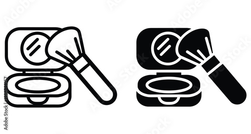 Makeup compact powder case with mirror and cosmetic brush icons in outline and solid black styles for beauty salon design