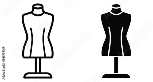 Tailor mannequin icon set featuring outline and solid glyph styles for sewing dressmaking fashion design clothing retail and garment manufacturing