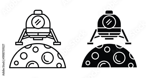 Lunar lander spacecraft landing on moon surface with craters icon set in outline and solid black glyph style for space exploration