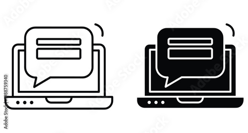 Laptop computer with speech bubble chat icon set in outline and solid styles for online communication messaging and digital support
