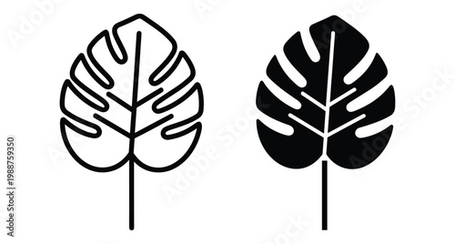 Monstera leaf icon set featuring outline and solid black silhouette styles for tropical nature design projects and botanical graphic elements