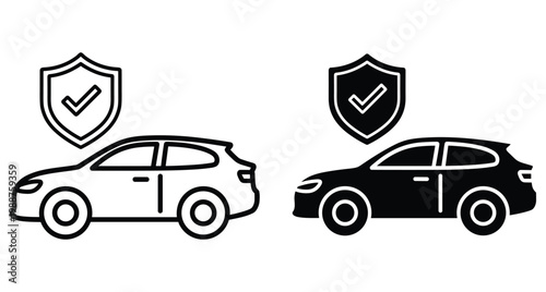 Car insurance icon set featuring vehicle silhouettes with protective shield and checkmark symbols for automotive security safety and transport protection services