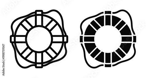 Lifebuoy icon set featuring outline and solid black nautical rescue ring symbols for marine safety emergency assistance and maritime security