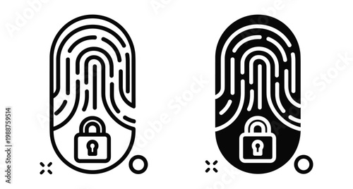 Fingerprint biometric security icon set with padlock symbol for digital authentication privacy protection data safety and secure access control system