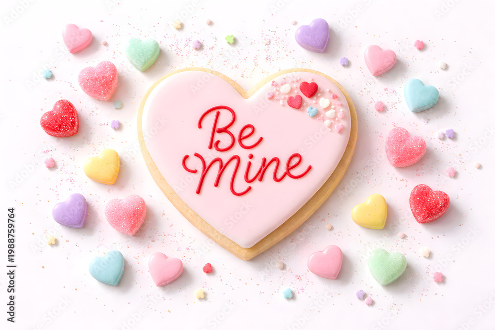 Fototapeta premium Heart shaped sugar cookie decorated with be mine and candy hearts