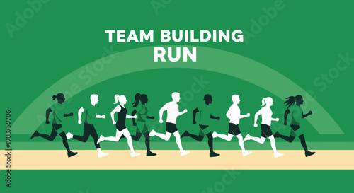 Team Of Runners Sprinting Together In A Team Building Activity And Sport Event